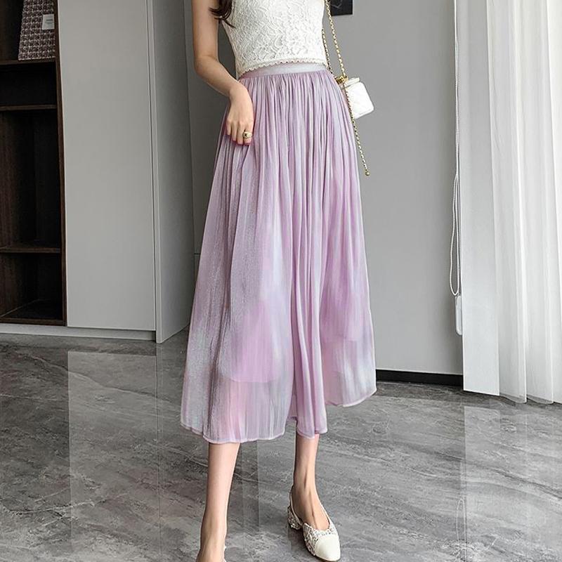 

Тюлевая сетчатая юбка-стример, летние женские корейские модные розовые длинные юбки трапециевидной формы, женские повседневные элегантные плиссированные юбки One Size фиолетовый