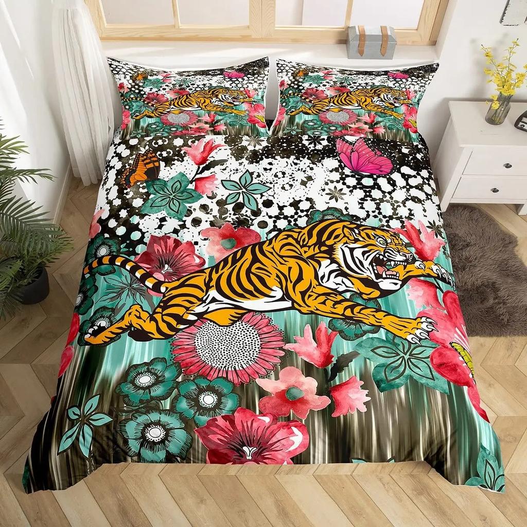 New Tiger Bedding Set Red Rose Flower Africa Big Cat Comforter Cover Set Animal Themed 2-3Pcs Queen Size Duvet Cover Set