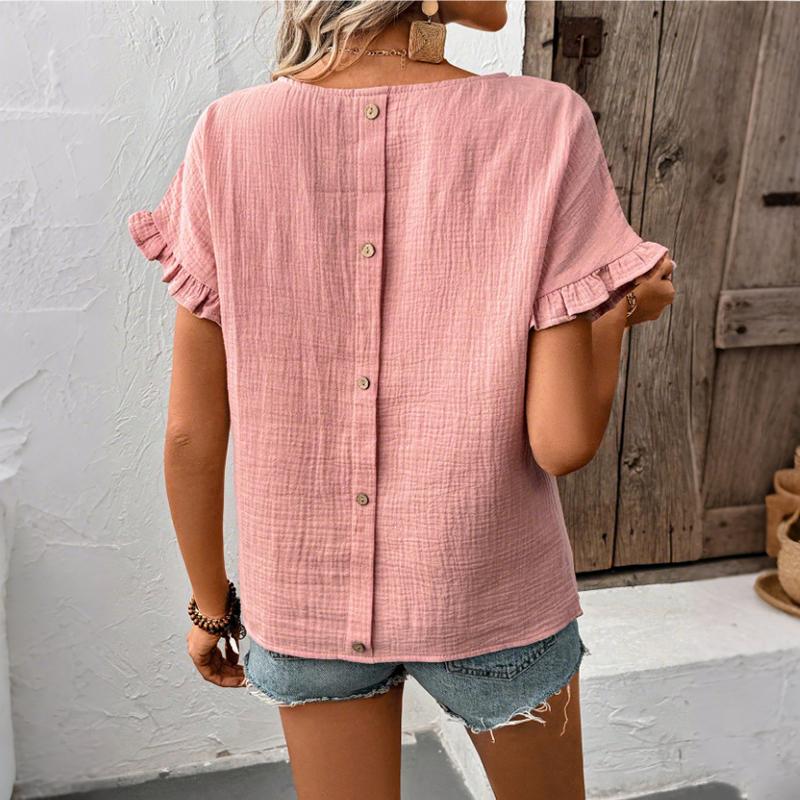 Women Summer Ruffles Short Sleeve O Neck Back Button Solid Color Pullover Shirt Top