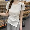 Crew Neck Knot Split Design Waist Short-sleeved T-shirt Women's Summer New Irregular Hem Slim-fitting Top
