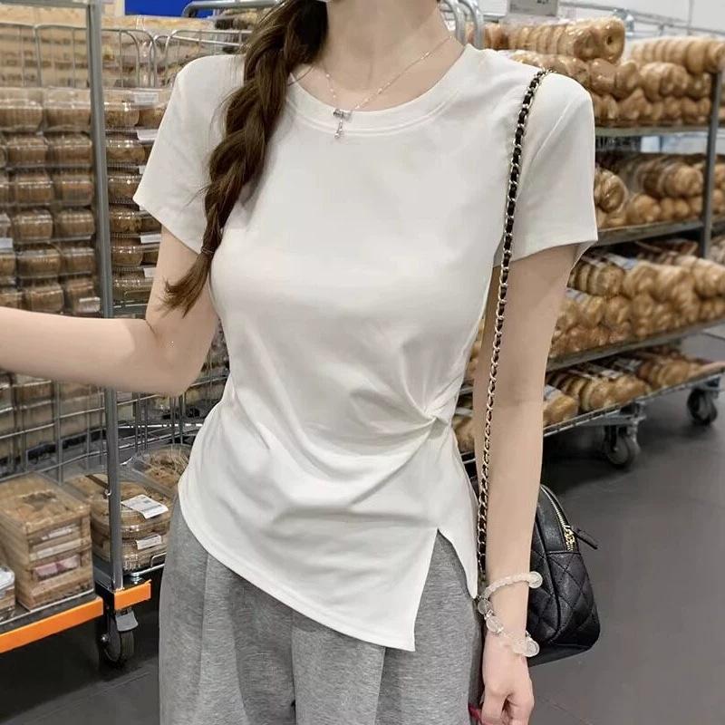 Crew Neck Knot Split Design Waist Short-sleeved T-shirt Women's Summer New Irregular Hem Slim-fitting Top