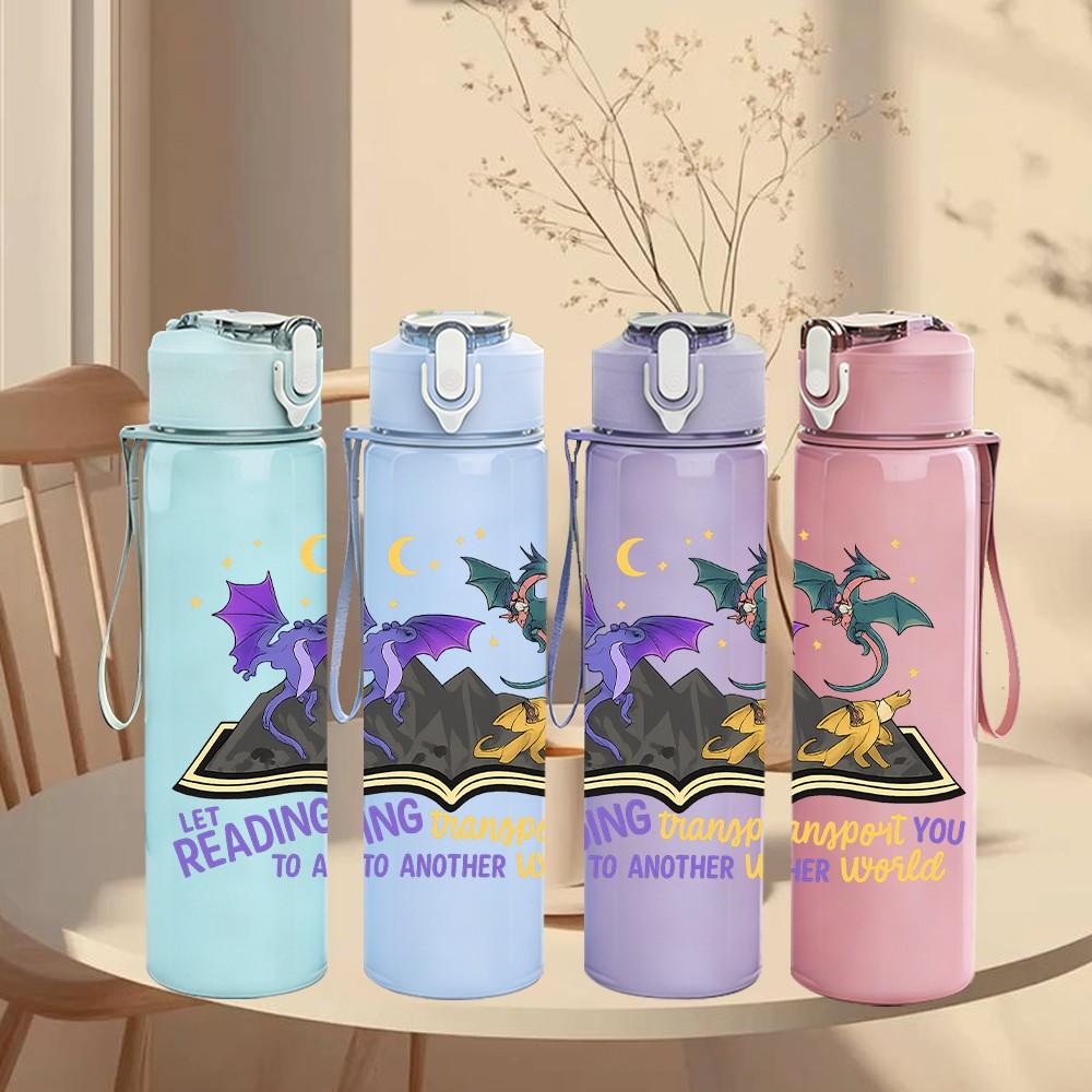 1PC Reading Dragon Quote Graphic 750ml Color Plastic Sports Water Bottle Leakproof Flip Straw Lid Suitable for Sports Office Home Use