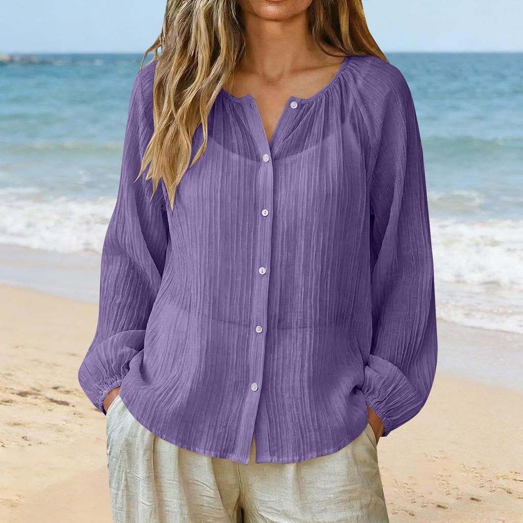 Women’s Long Sleeve Loose Fit Button Down Blouse Lightweight Pleated Top Casual Shirt for Daily Wear