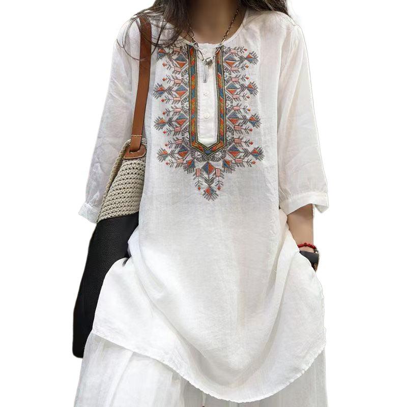 Plus Size Casual Embroidered Cotton-Linen Shirt: Spring & Autumn Retro Style
