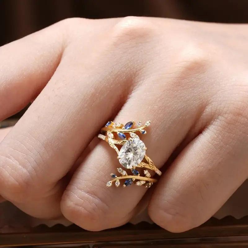 Copper micro-inlaid zircon ring, creative design leaf ring, Europe, America, hot-selling wedding jewelry wholesale