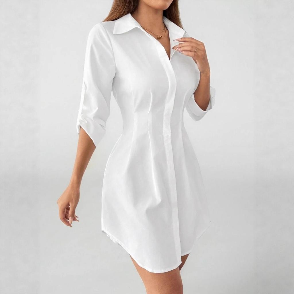 Spring Summer New French British Style Waist Cinched A-Line Solid Color Shirt Dress, Commuter Multi-color Dress