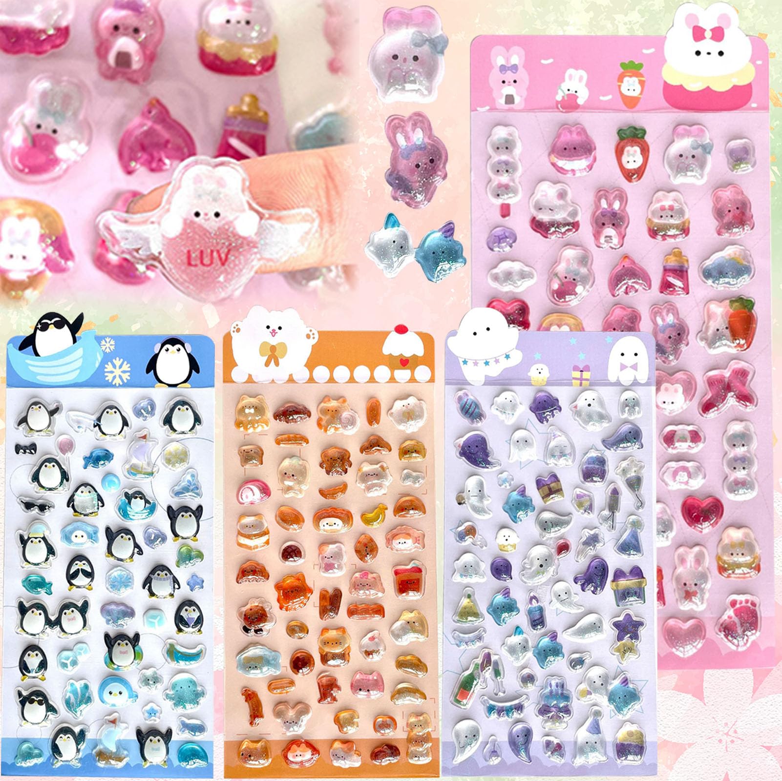 

TattiOut 2026 New Model Seal Puffy Glossy 4 Sheets Medium Solid 3D Reward Stickers Glitter Deco for Planners Smartphone Cases Rabbits Cats Penguins