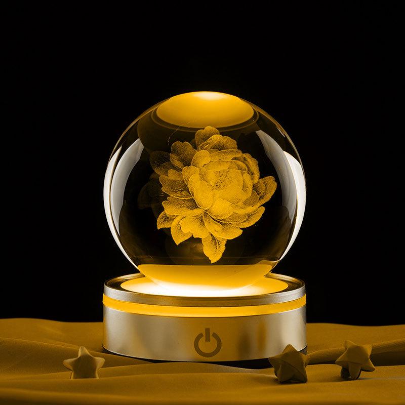 Peony 3D Crystal Ball Night Light - Creative Ornament & Birthday Gift for Qixi Festival