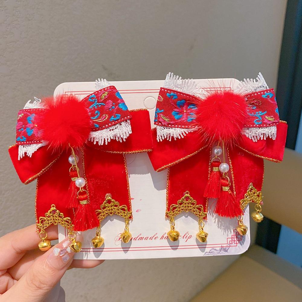 Plush Ball Children's Chinese Hairpin Bow Embroidered Bow Headwear Hanfu Hair Accessories  Kids