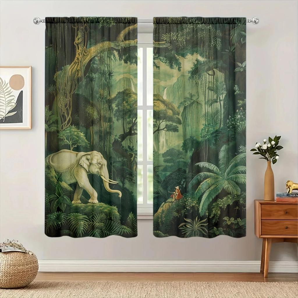 Dschungel-Erkundung Bedruckter Vorhang für Heimdeko - Stangentaschen-Fensterbehandlung für Schlafzimmer, Küche, Wohnzimmer