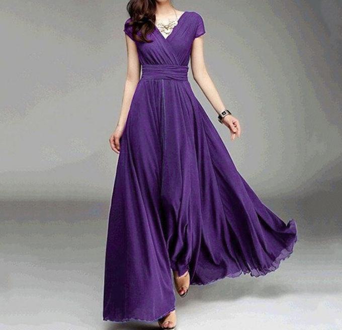 Women Purple V Neck Short Sleeve Fit & Flare Midi Dress