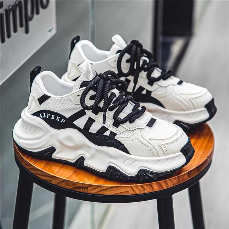 Fashion Chunky Sneakers Men Soft Sole Running Shoes Fashion Casual Leather Color Block Design Breathable Height Increased Platform Shoes
