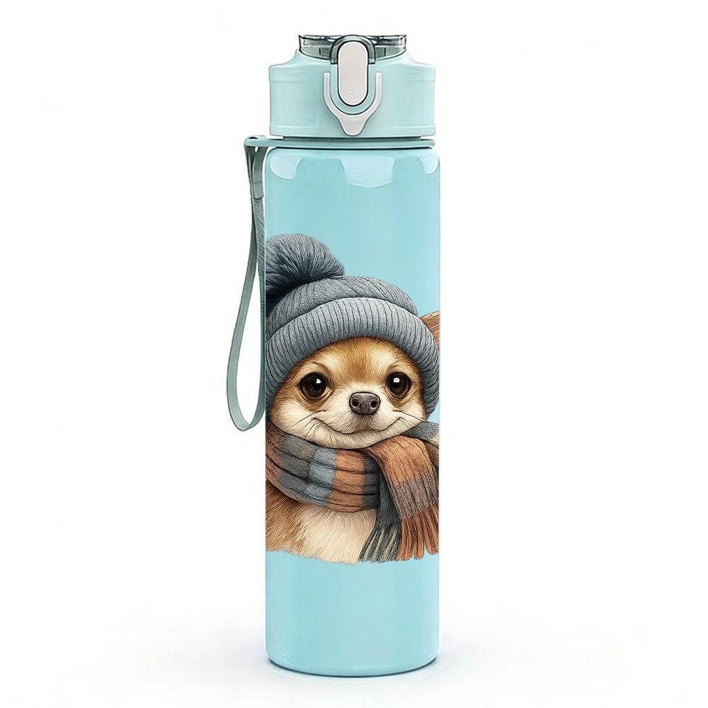 1PC Warm Hat Chihuahua Cartoon 750ml Color Plastic Sports Water Bottle Leakproof Flip Straw Lid Suitable for Sports Office Home Use
