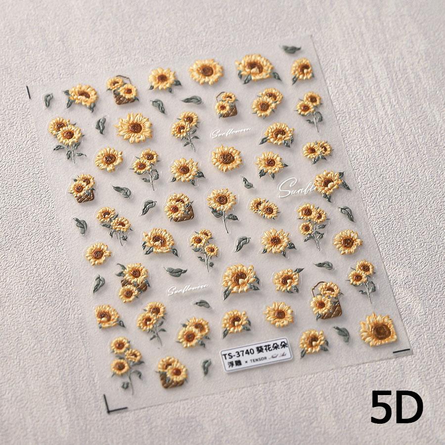 1 Pc 5D Sunflower Nail Stickers Rose Daisy Cherry Blossom Self-adhesive Nail Art Stickers Oil Painting Decorative Sticker
