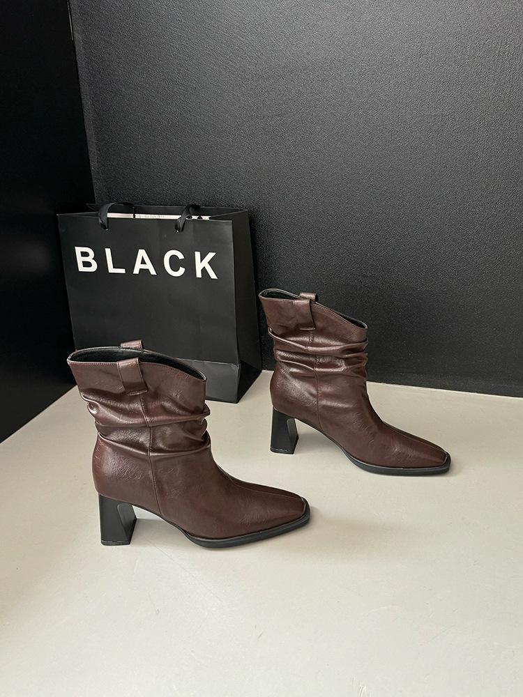 

Версия из коровьей кожи, ретро коричневые, с толстым каблуком, с присборенным голенищем средней длины, короткие ботинки, женская обувь, осенне-зимние, остроносые, в западном стиле, короткие ботинки 40 коричневый