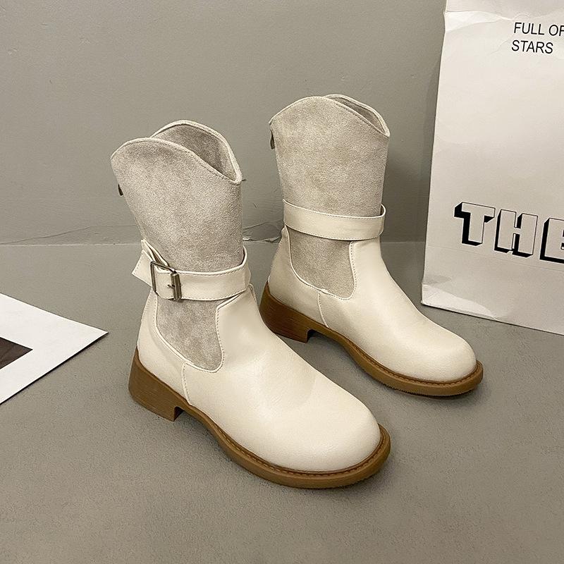 

British style thick-soled mid-tube knight boots women s autumn and winter belt buckle boots 2025 western cowboy boots versatile Martin boots 42 бежевый