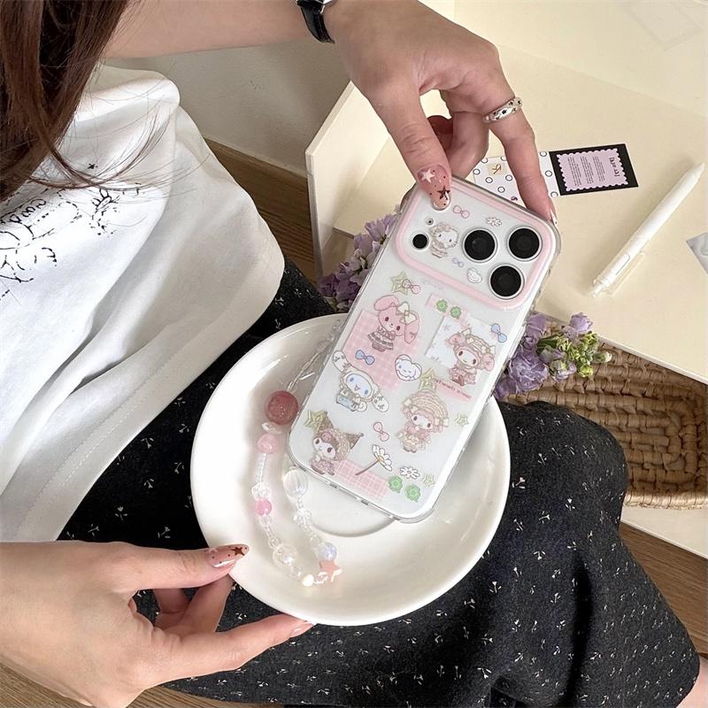 Cute HelloKitty Characters Clear Phone Case For iPhone 17 16 15 14 Pro Max Kawaii Pink Beaded Wrist Strap Protective Cover for G