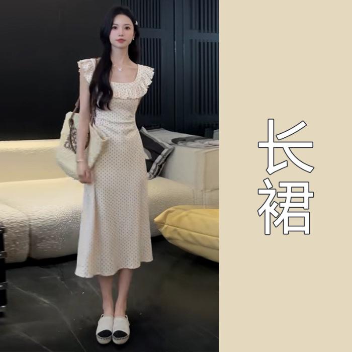 

Summer new high-end French polka dot small flying sleeve dress temperament waist thin ruffle edge design skirt XL