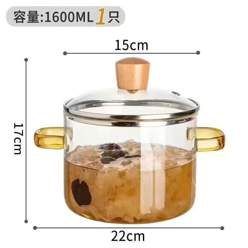 1.6L High Borosilicate Glass Pot, Clear Vertical Striped Cooking Pot, Double Handle Stovetop Pot for Soup Noodle Stew, Microwave & Cooker Safe