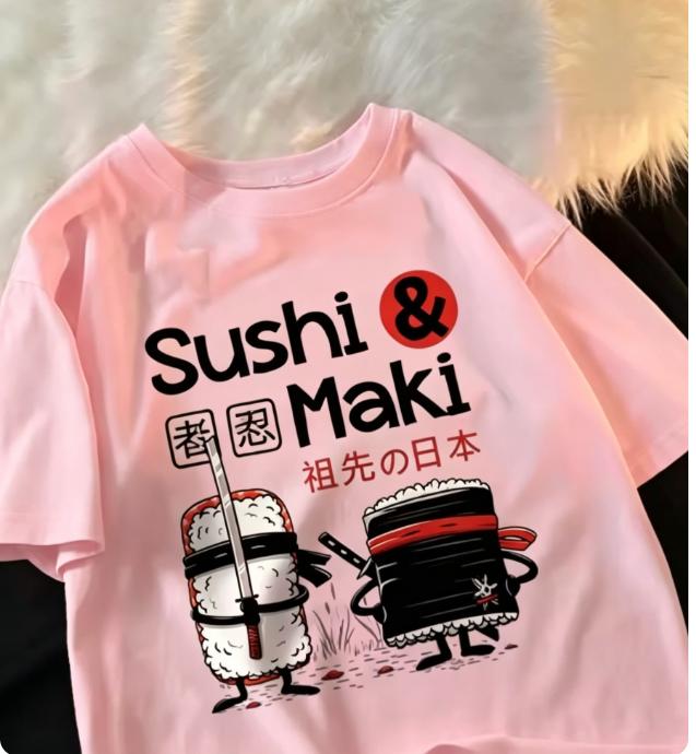 Unisex Cotton TShirt Sushi Print Loose Fit Crewneck Fashion Top for Unisex and WoUnisex Moisture Wicking Breathable Graphic T Shirts