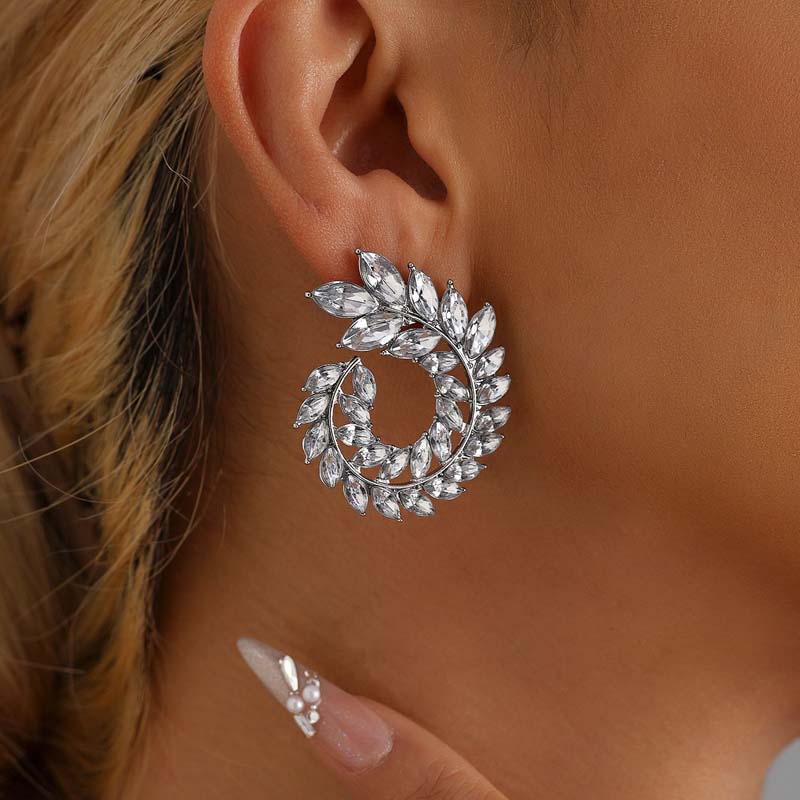 Luxury Full Rhinestone Leaf Stud Earrings For Women Exaggerated Big Circle Round Statement Earrings Wedding Jewelry Gift