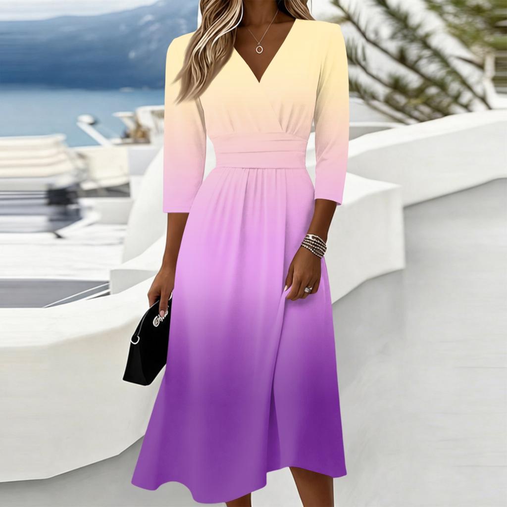 Women's Gradient Casual Fashion Midi Dress with Three Quarter Sleeves V Neck and Back Zipper Closure Suitable for Everyday Wear