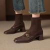 Fashion 2025 NEW Autumn Women Boots genuine leather Women Shoes Square Toe Chunky Heel Slip-on Belt Buckle Western Boots Daily Shoes