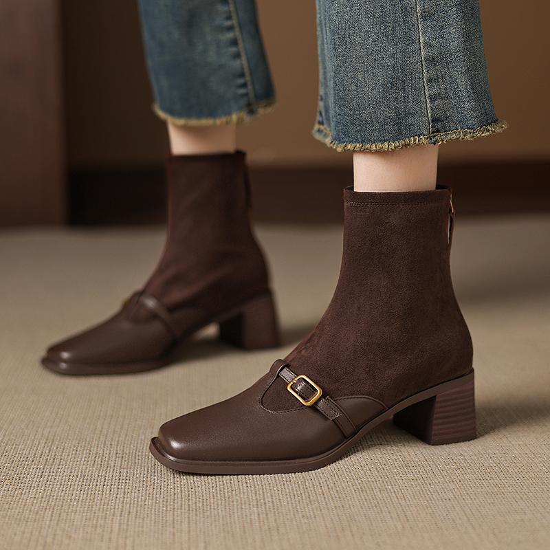 Fashion 2025 NEW Autumn Women Boots genuine leather Women Shoes Square Toe Chunky Heel Slip-on Belt Buckle Western Boots Daily Shoes