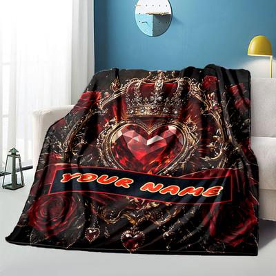 1PC Custom Name Royal Heart Crown Blanket Versatile,all-season Throw Suitable for the Living Room,bedroom,camping,travel,and Gift