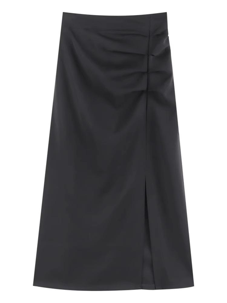 High Waist Slimming A-Line Midi Skirt with Slit - Korean Style Bodycon In Black