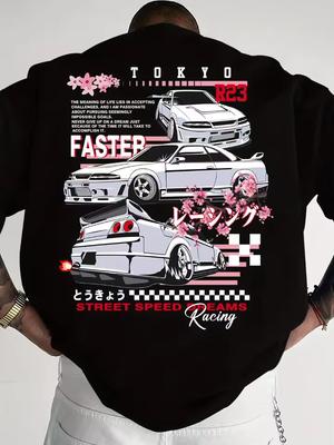 Camiseta de Estilo Urbano Japonés para Hombre con Estampado de Carreras Diseño de Flor de Cerezo y Coche JDM Letras del Equipo Tokyo Speed Camiseta de Secado Rápido