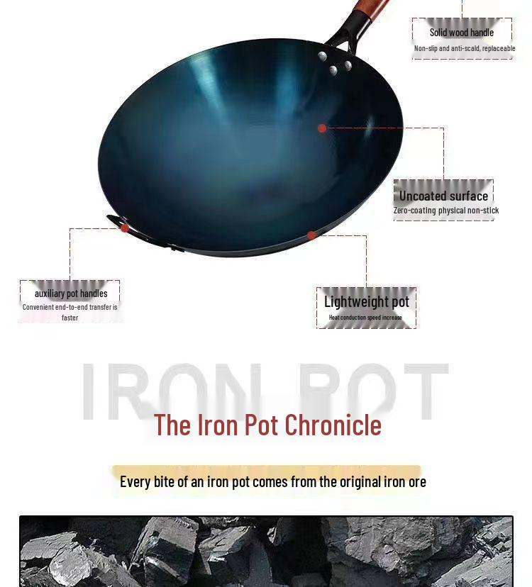 Handmade Non-Stick Iron Wok: Pre-Seasoned, Thickened, Uncoated, Ready for Cooking