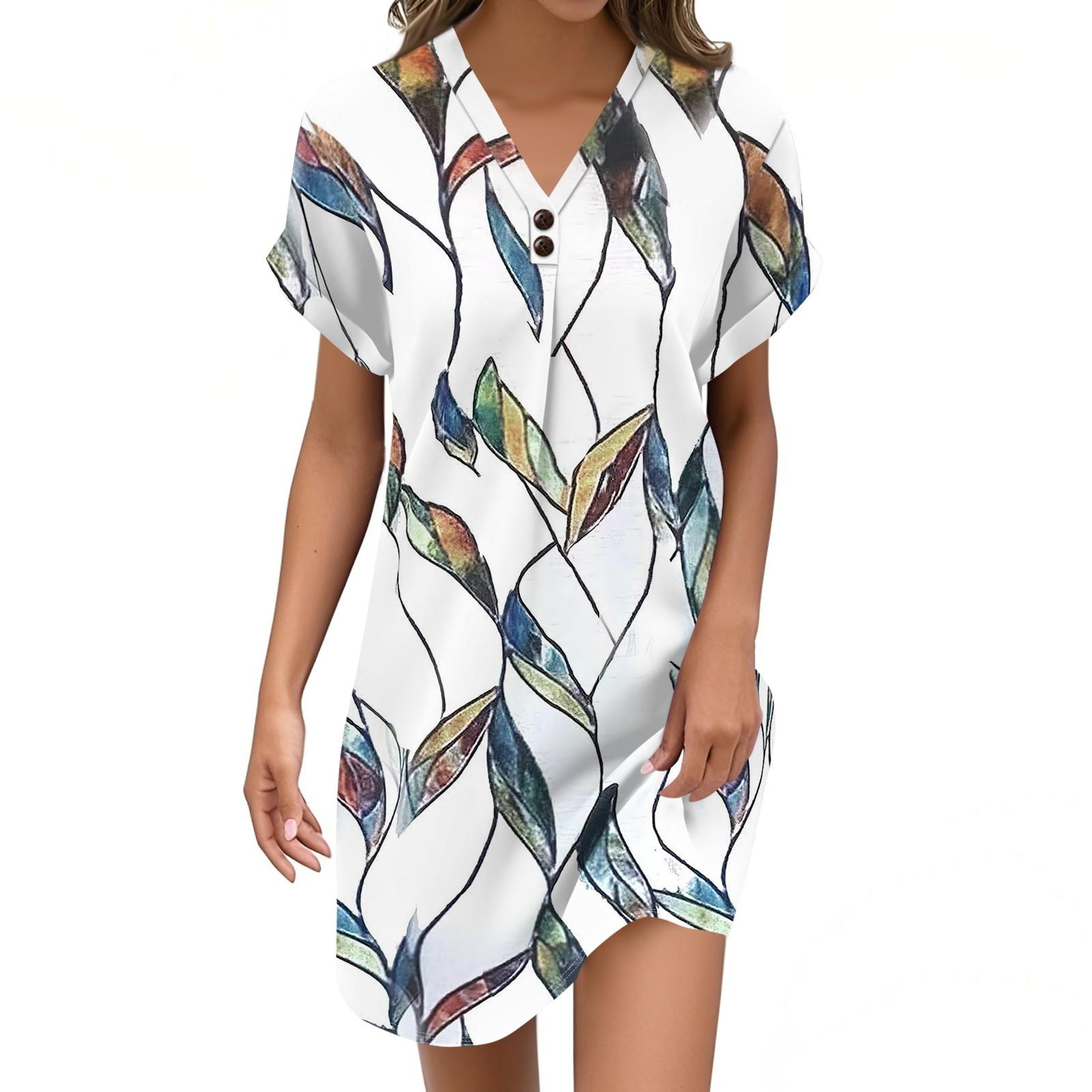 Women s V-neck Vintage Floral Print Pullover Casual Button Dress L