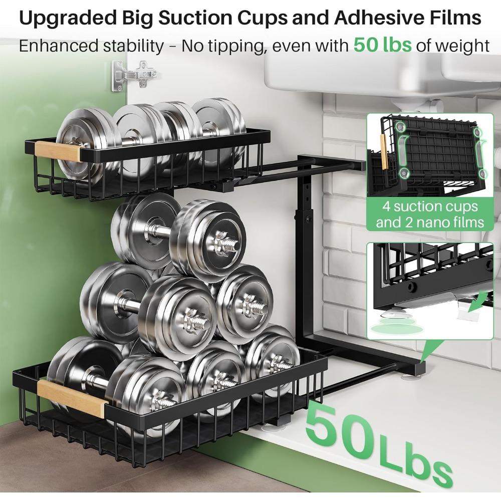 Under Sink Organizer, 2 Packs 2 Tier Under Sink Organizers and Storage, Slide Out Pull Out Cabinet Organizer Shelf, Metal Sliding Drawer for Kitchen