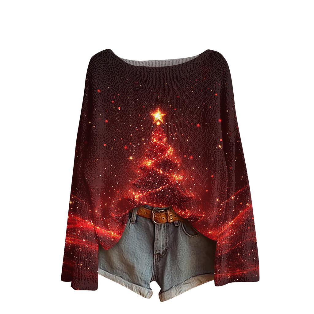 Ladies' Fashionable Casual Long Sleeved Christmas Printed Round Neck Knitted Yarn