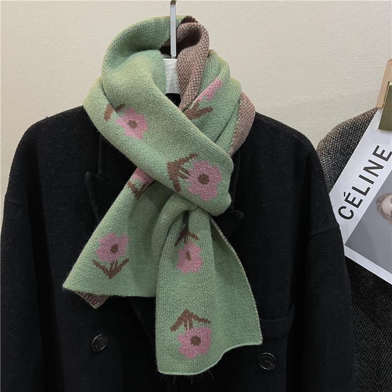 Cute little flower knitted scarf girls Korean version ins wind wool scarf versatile warm student thickened couple tide