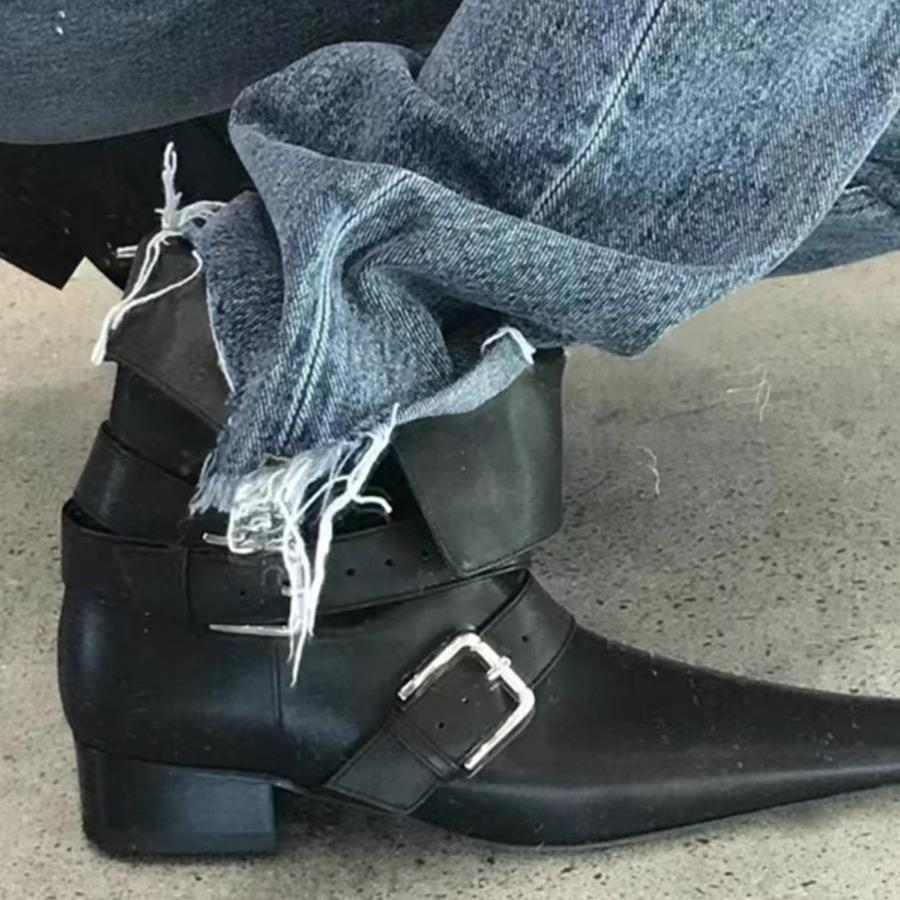 Sheepskin version~ European and American niche string rope tapered heel pointed western cowboy boots stacking boots women's autumn and winter thin sho