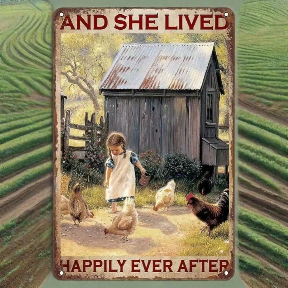 

Retro Metal Tin Sign Farmhouse Decor Girl with Chicken Wall Art