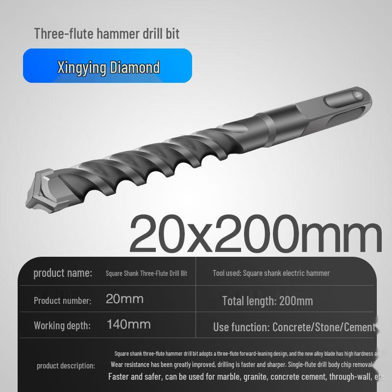 Three-Flute Round & Square Shank Drill Bit for Concrete, Cement, Rebar, Stone, Granite, Marble.