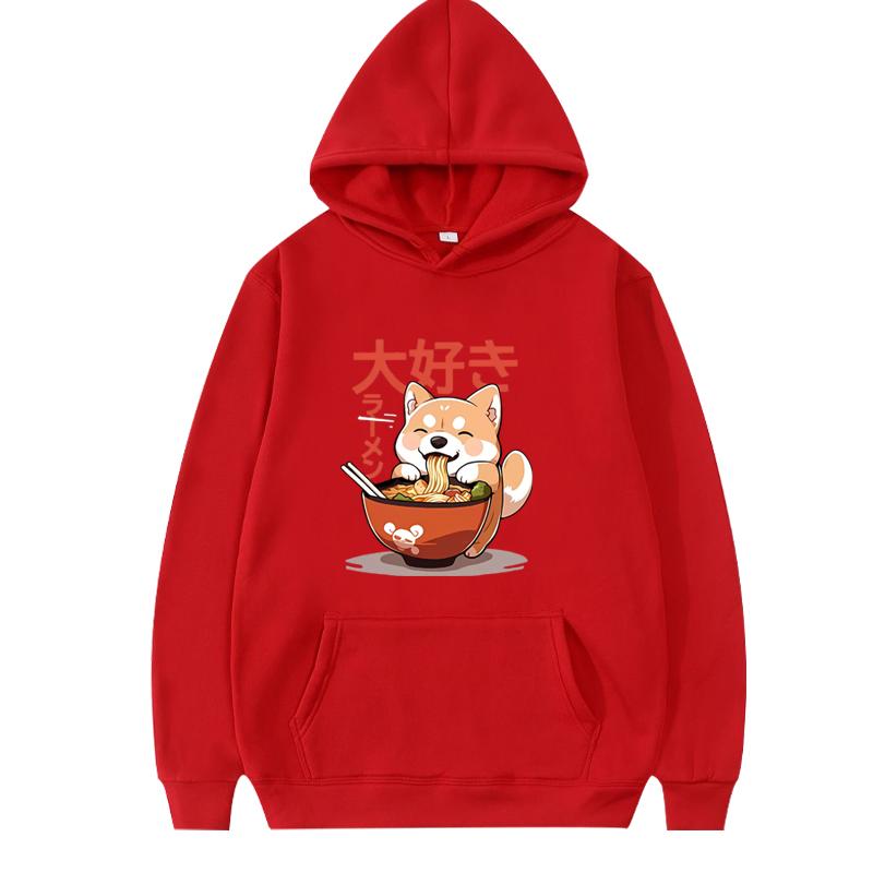 Shiba Inu Enjoying Ramen Funny Graphics Hoodie Men Women Fashion Vintage Long Sleeve Streetwear Print Oversizhoodie Unisex