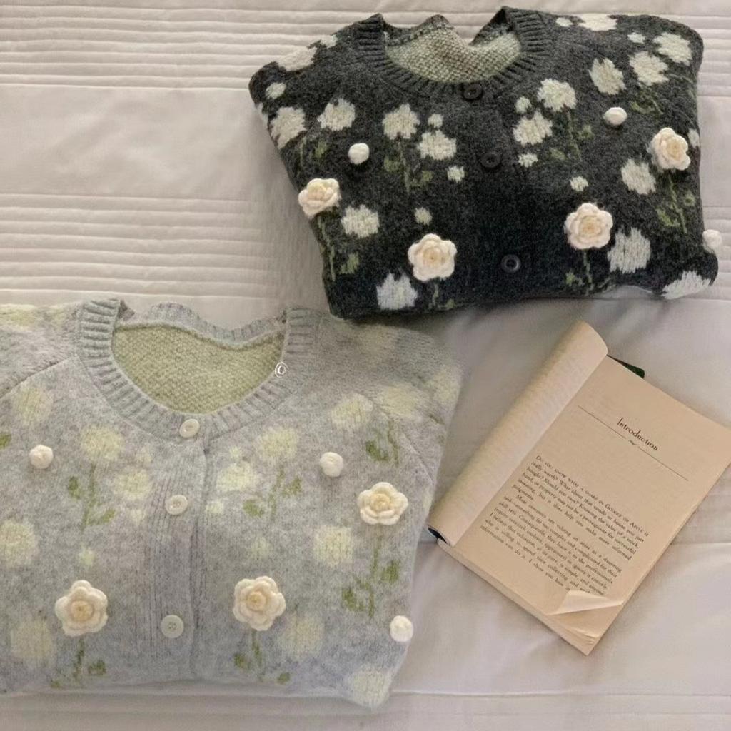DIMANAF 2025 Flower Sweaters Cardigan Embroidered Flowers Autumn Women Print O-Neck Sweaters Knitting Loose Pink Sweater