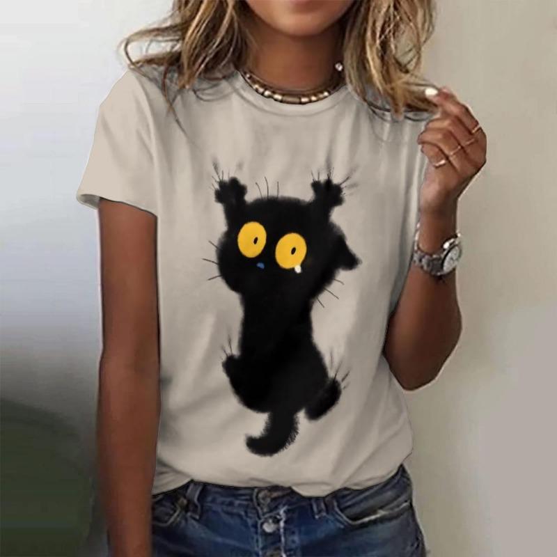 Summer Street Women's Casual T-Shirt Paired With 3d Printed Small Black Cat Pattern Top Casual Round Neck Short Sleeved T-Shirt