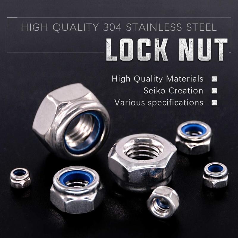 250Pcs Nylon Lock Nut 3/4/5/6/8/10/12mm Nylon Insert Nut Stainless Steel Hexagon Self Locking Nut Assortment Kits