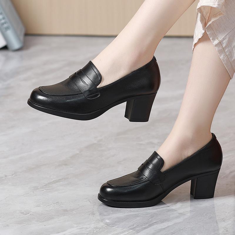 Genuine Leather Women Shoes Fashion Comfort Genuine Cow Leather Slip-On Loafers Women Deep Mouth Heels Shoes Lady Office Pumps