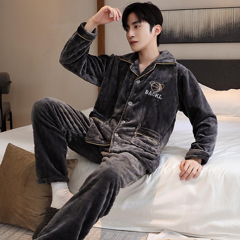 Men's Autumn/Winter Flannel Lapel Pajamas - New Arrival, Plus Velvet, Thickened Coral Fleece Homewear
