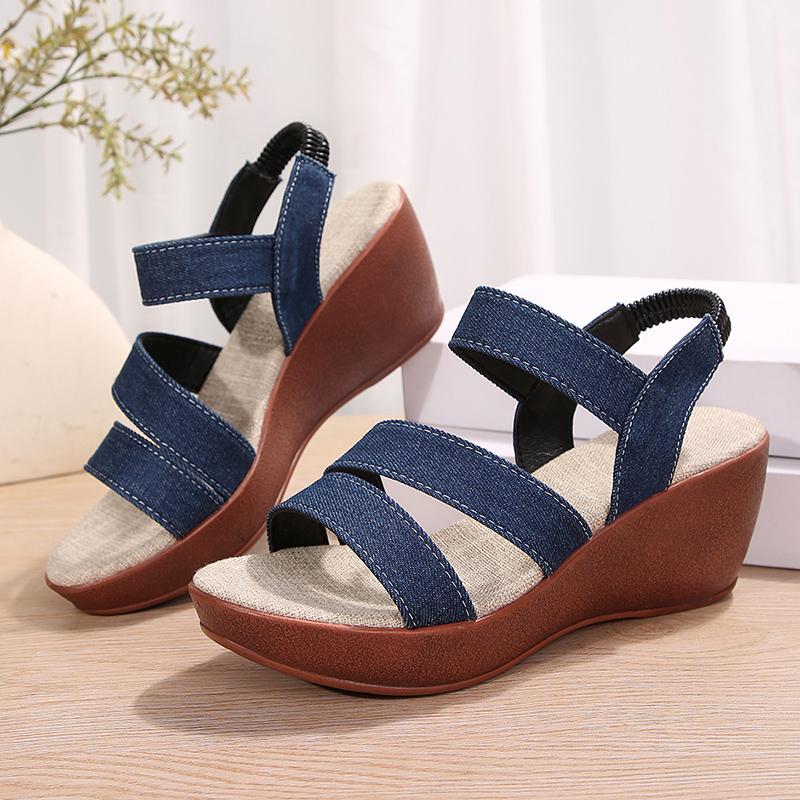 Fashion Denim High Heel Sandals for Women Elastic Band Platform Wedge Sandals Woman 2024 Light Casual Summer Gladiator Shoes