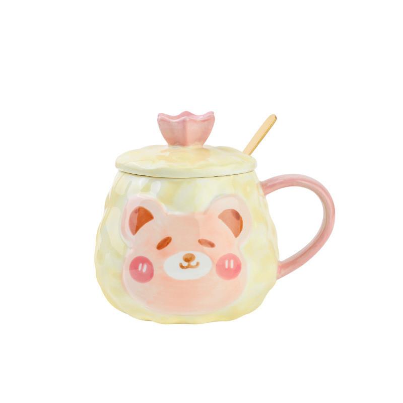 

380ML Ceramic Mug With Lid And Spoon Creative Cartoon Little Bear Coffee Cup Couple Drinking Water Cup 301-400ml жовтий
