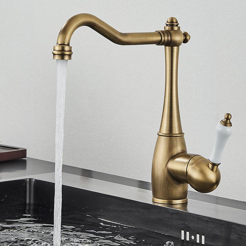 Antique Brass Basin Faucet Creamic Single Handle Hot And Cold Mixer Tap 360 Rotation Deck Mount Bathroom Crane Kitchen Faucet