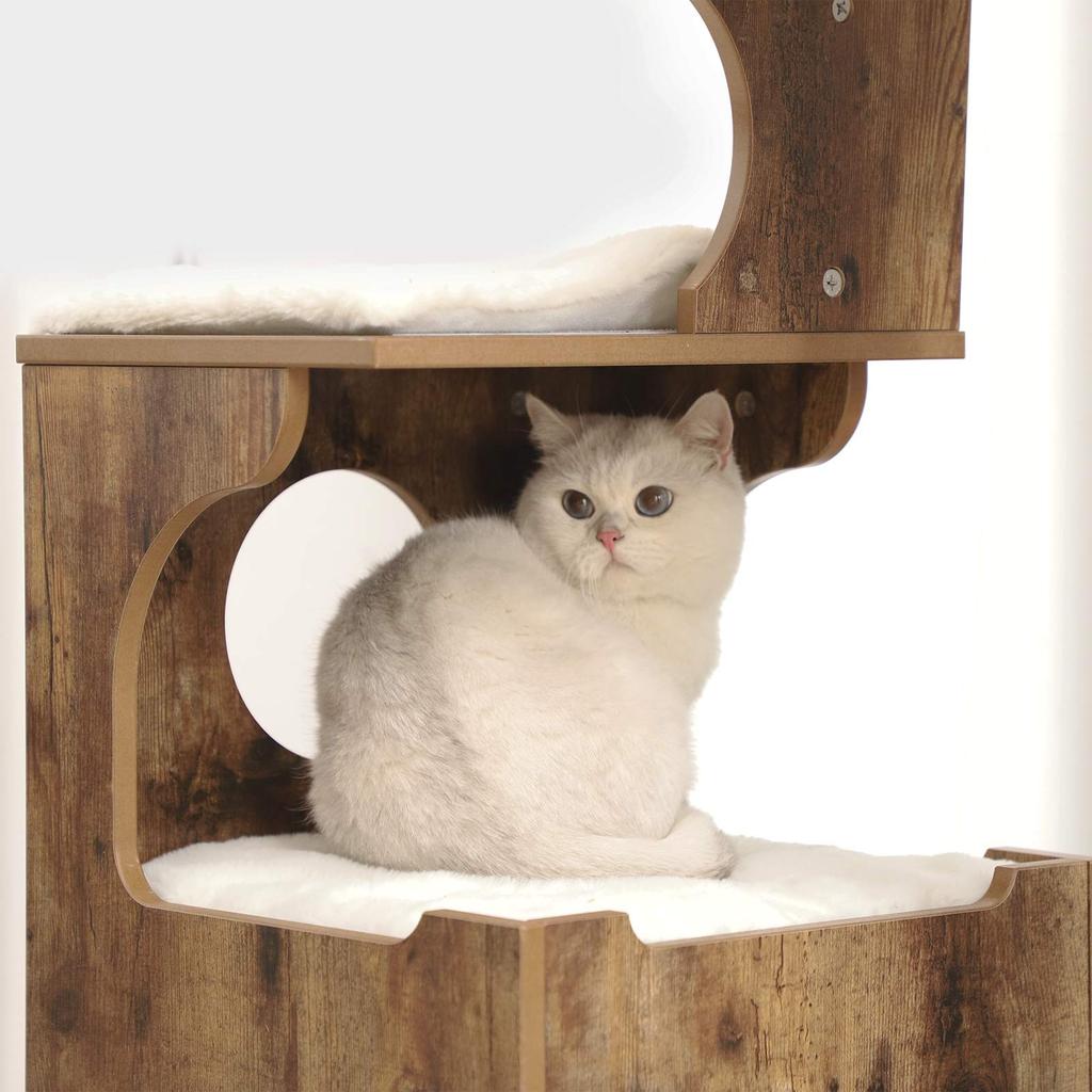 FEANDREA 86 cm Cat Tree, Medium Cat Tower with 3 Beds and Cave, Cat Condo Made of MDF with Wood Veneer, Sisal Post and Washable Faux Fur, Vintage
