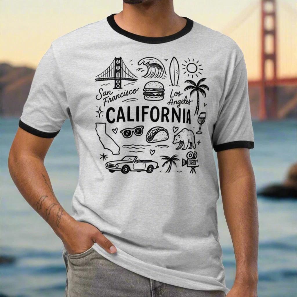 Retro California Doodle Ringer Tee, Vintage Cali Vacation T-Shirt S